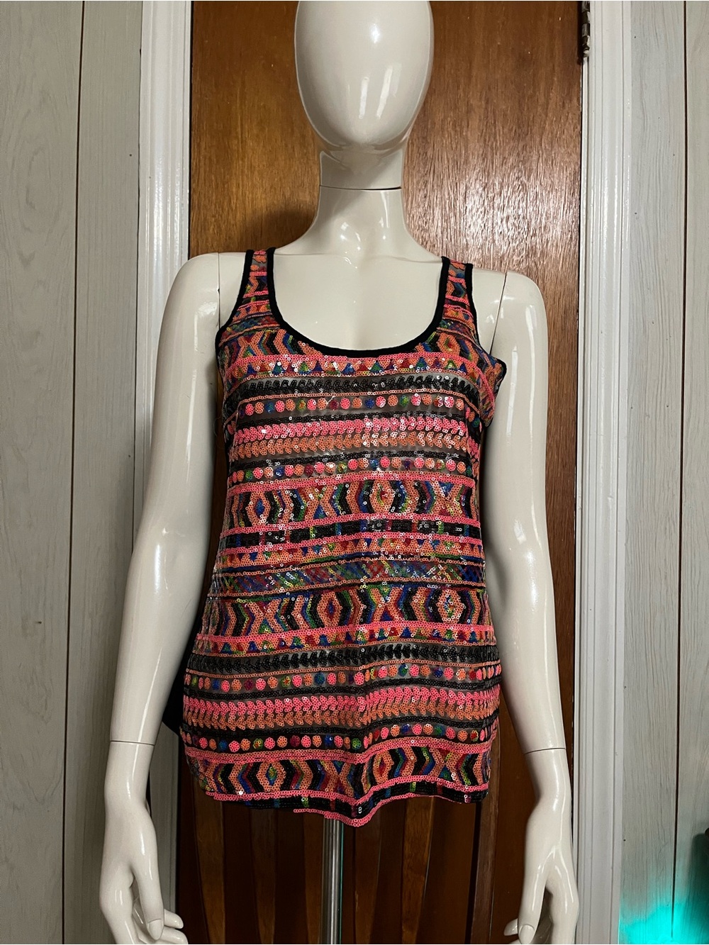 Rue21 Multicolor Sequin Tribal Tank Top - Black & Bright Pink Accents